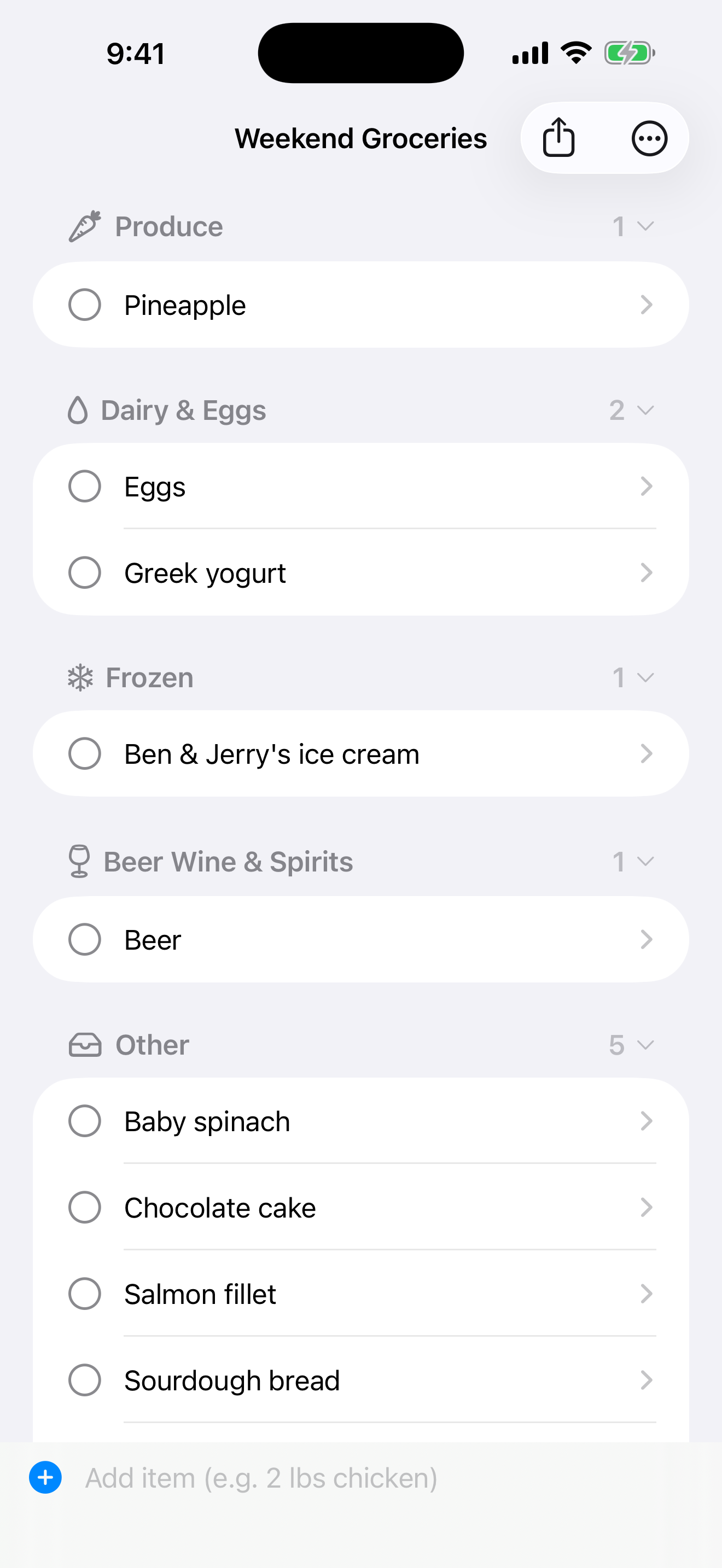 A shopping list sorted into grocery aisles