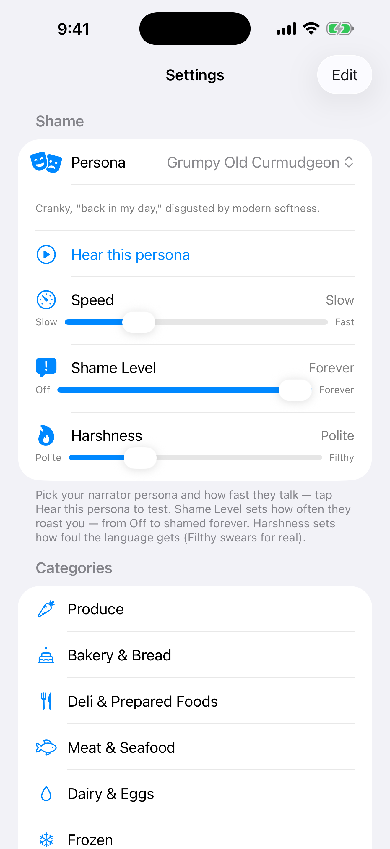 Settings screen with persona picker and harshness sliders